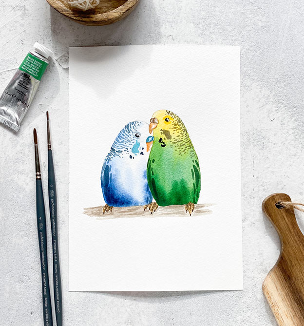 Zwei Aquarell Papageien in grün und blau