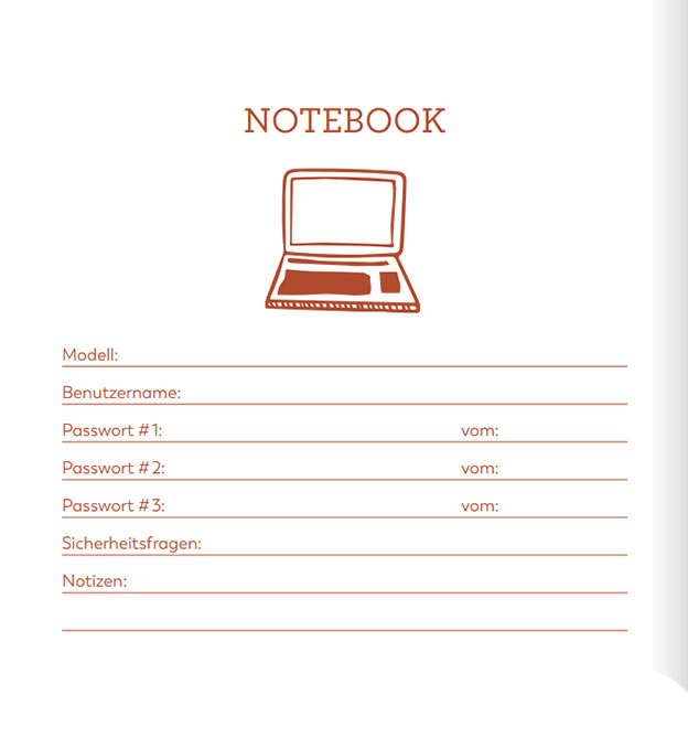 Notebook Register im Passwort Buch