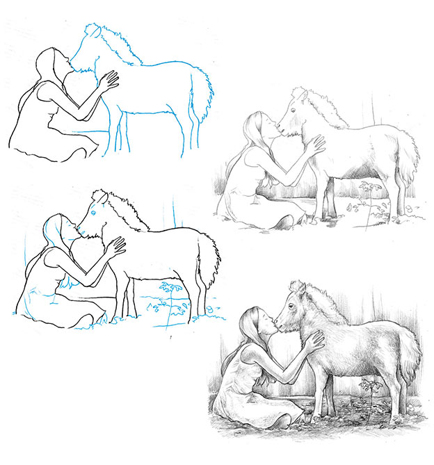 Anleitung für Kuss Mensch und Pferd zeichnen einfach
