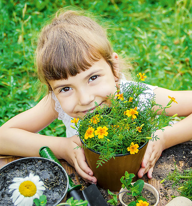 Kleines Mädchen pflanzt Blumen ein