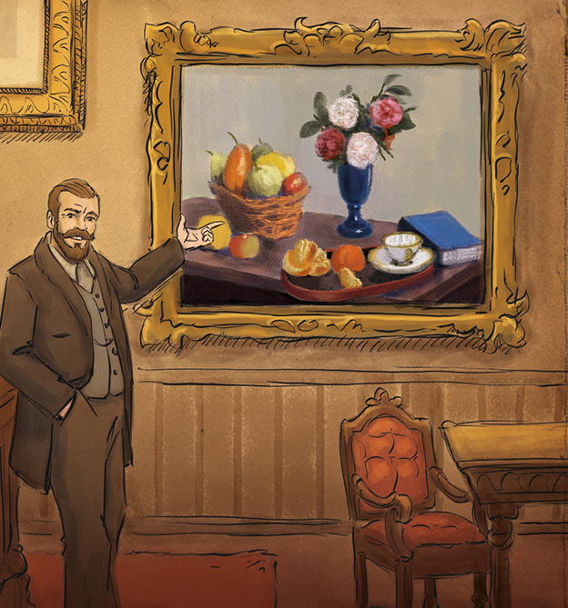 Escpae Rätselbuch - Mann zeigt Gemälde mit Obst und Blumen