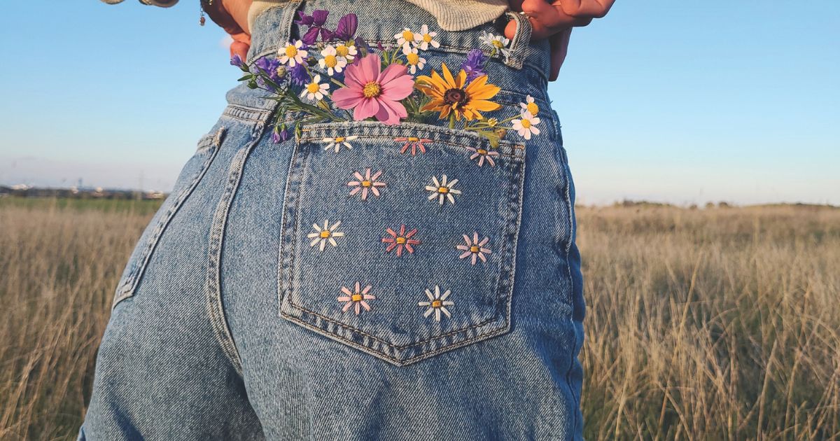Blumen sticken Anleitung: Hosentasche besticken