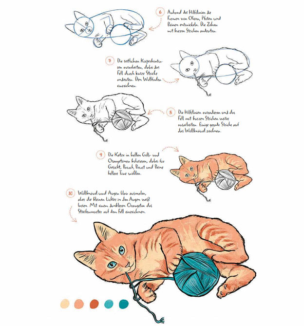 Anleitung spielende Katze zeichnen in 10 Schritten - Teil 2