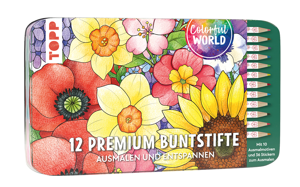 Colorful World Designdose mit 12 Buntstiften