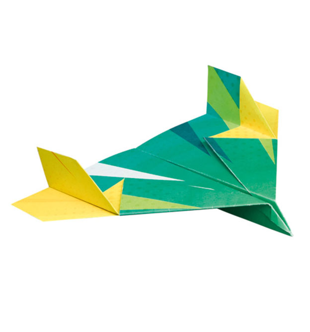 Papierflieger basteln Motiv in grün und gelb