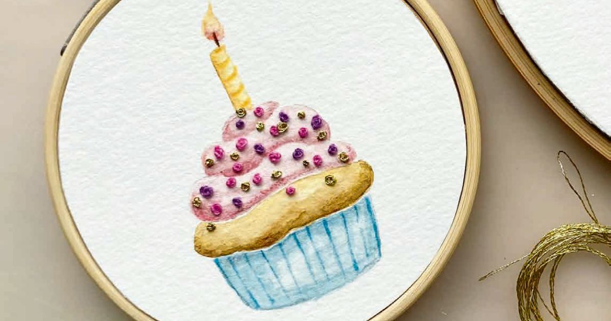 Watercolor Stickerei: Cupcake Motiv